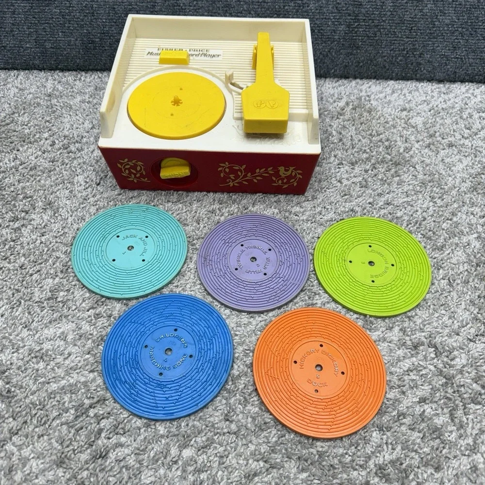 Vintage 1971 Fisher Price Music Box Record Player Toy 5 Record Disks 995 Works
